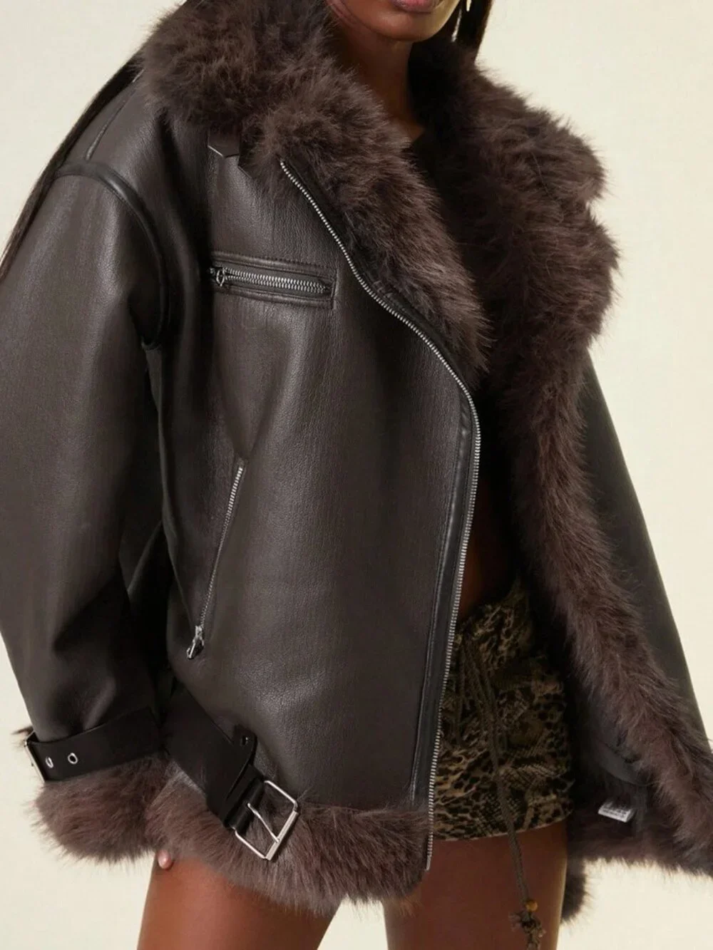 Coffee Brown Punk Women's Faux Fur Collar PU Jacket